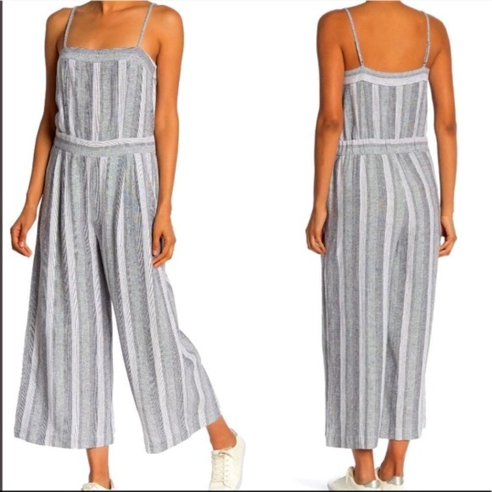 SUSINA Linen‎ Jumpsuit Wide Leg Smocked XL Black Stripe Coastal Grandma